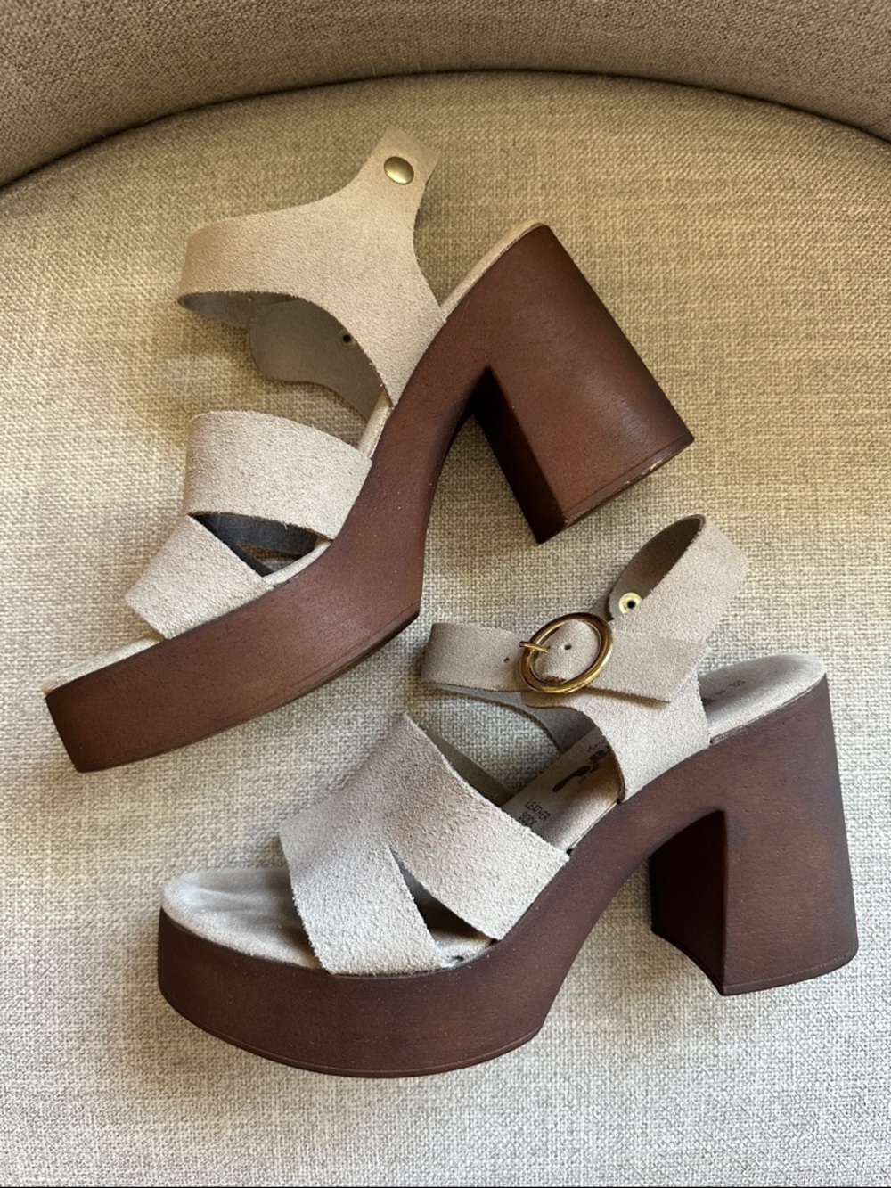 Beige Suede Platform Sandals Block Heel